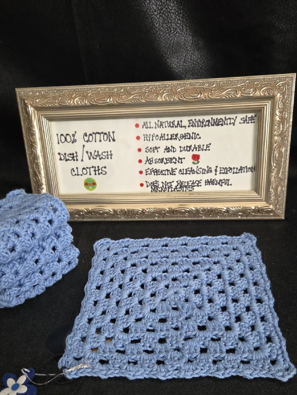 Handmade Crocheted Blue Cotton Dish/Wash Cloths - 100% Cotton Set Of 4